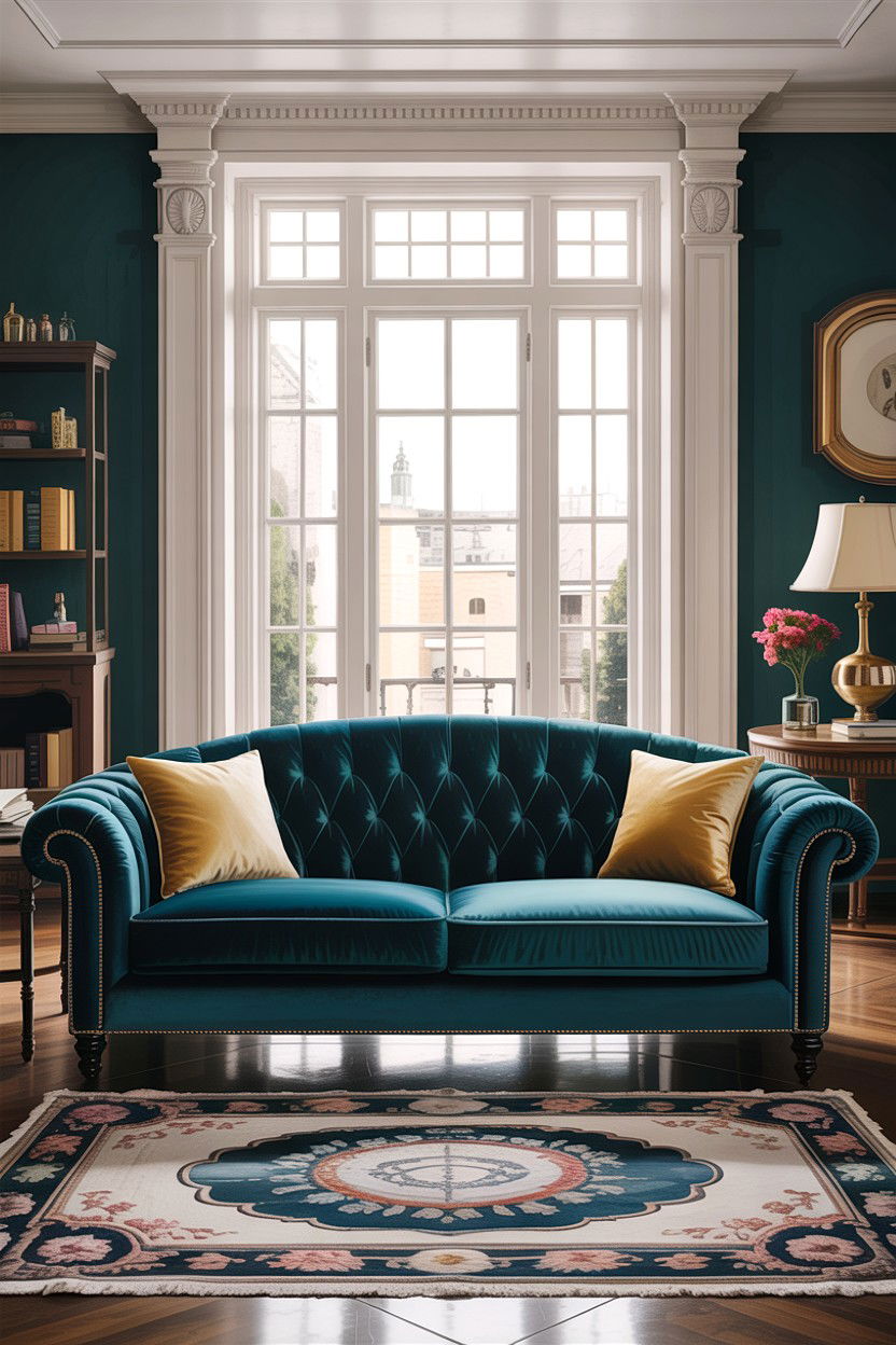 Dark teal velvet sofa - 30 traditional teal living room ideas
