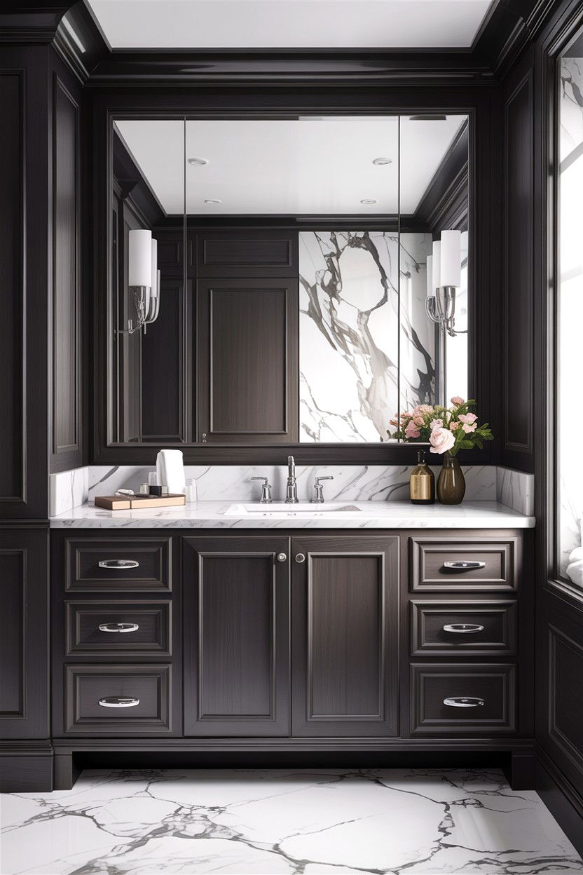 Dark vanity white marble - 30 high contrast bathroom ideas