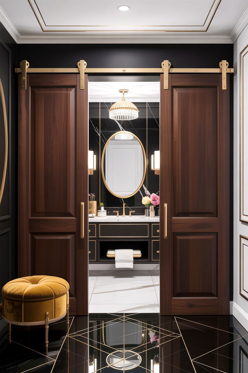 Dark walnut barn door - 30 bathroom barn door ideas