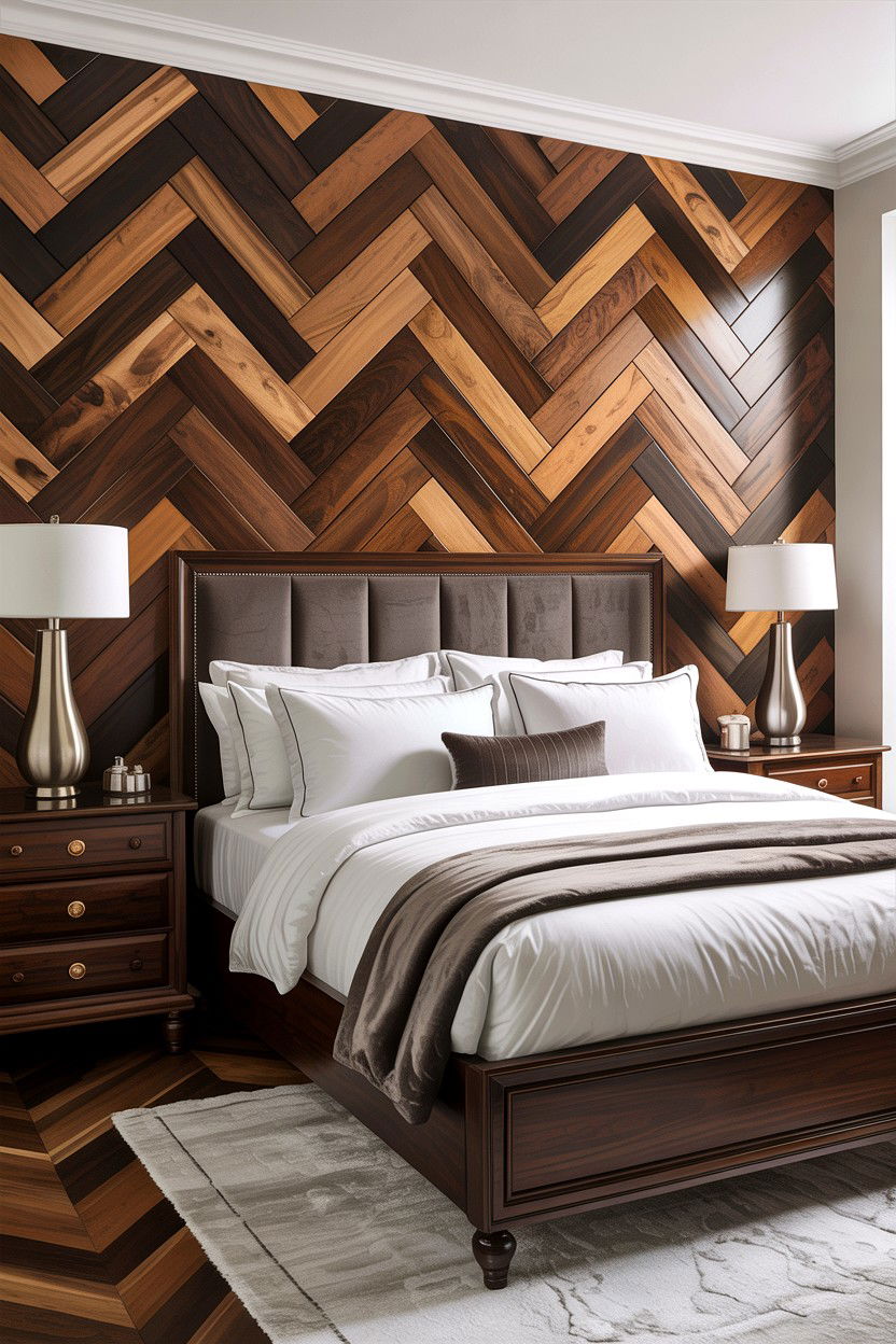 Dark wood herringbone accent wall - 30 bedroom herringbone wall ideas