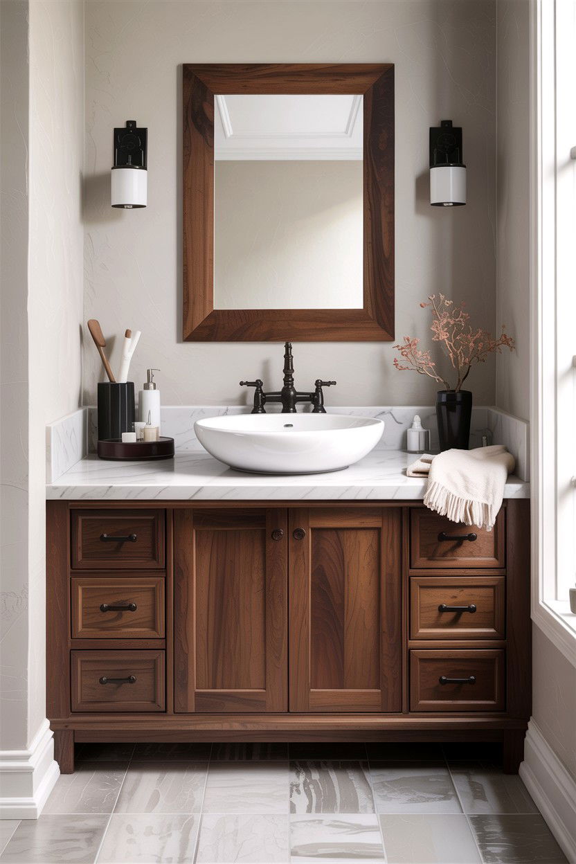 Dark wood vanity white sink - 30 high contrast bathroom ideas