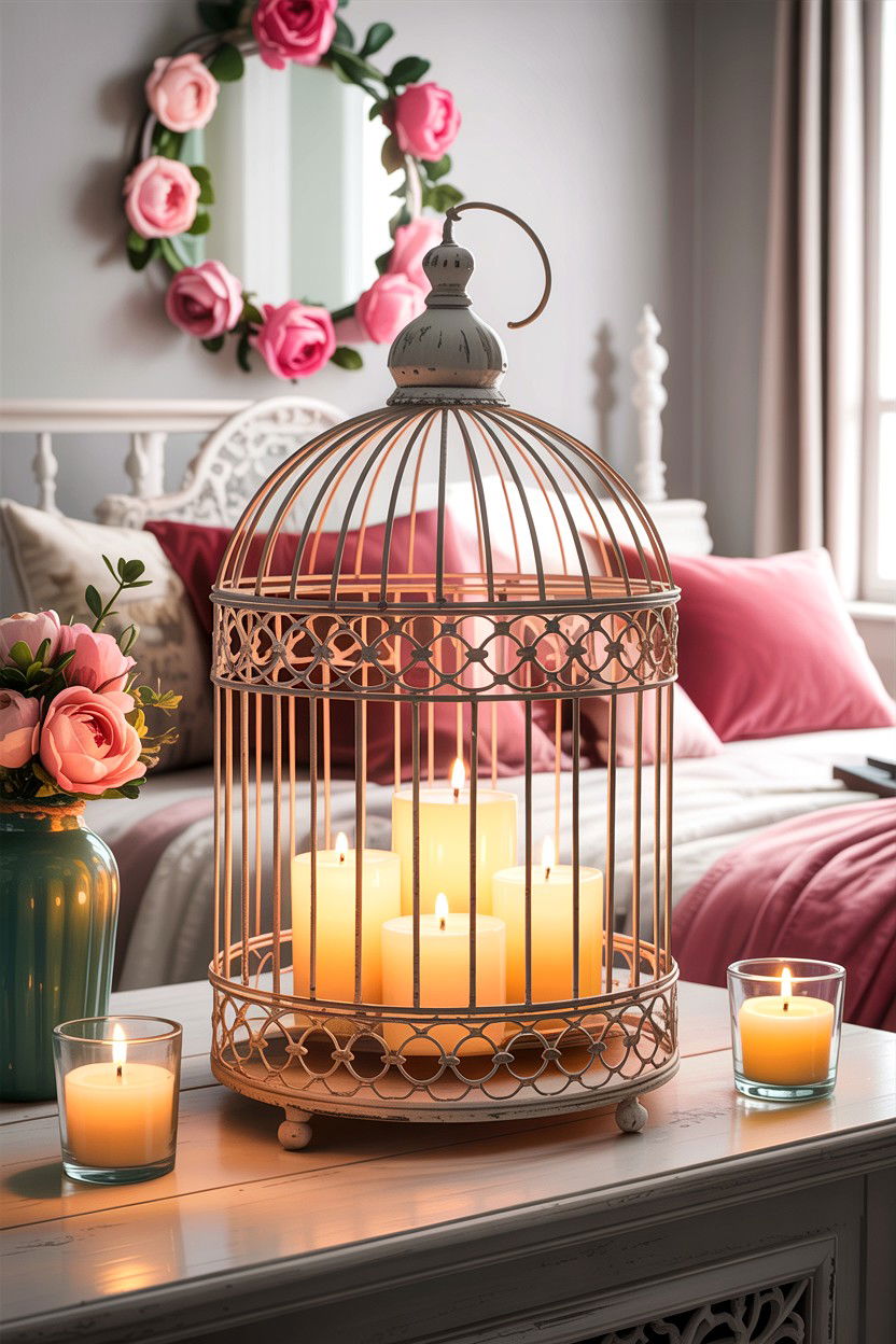 Decorative Birdcage Candle Display - 30 bedroom candle ideas