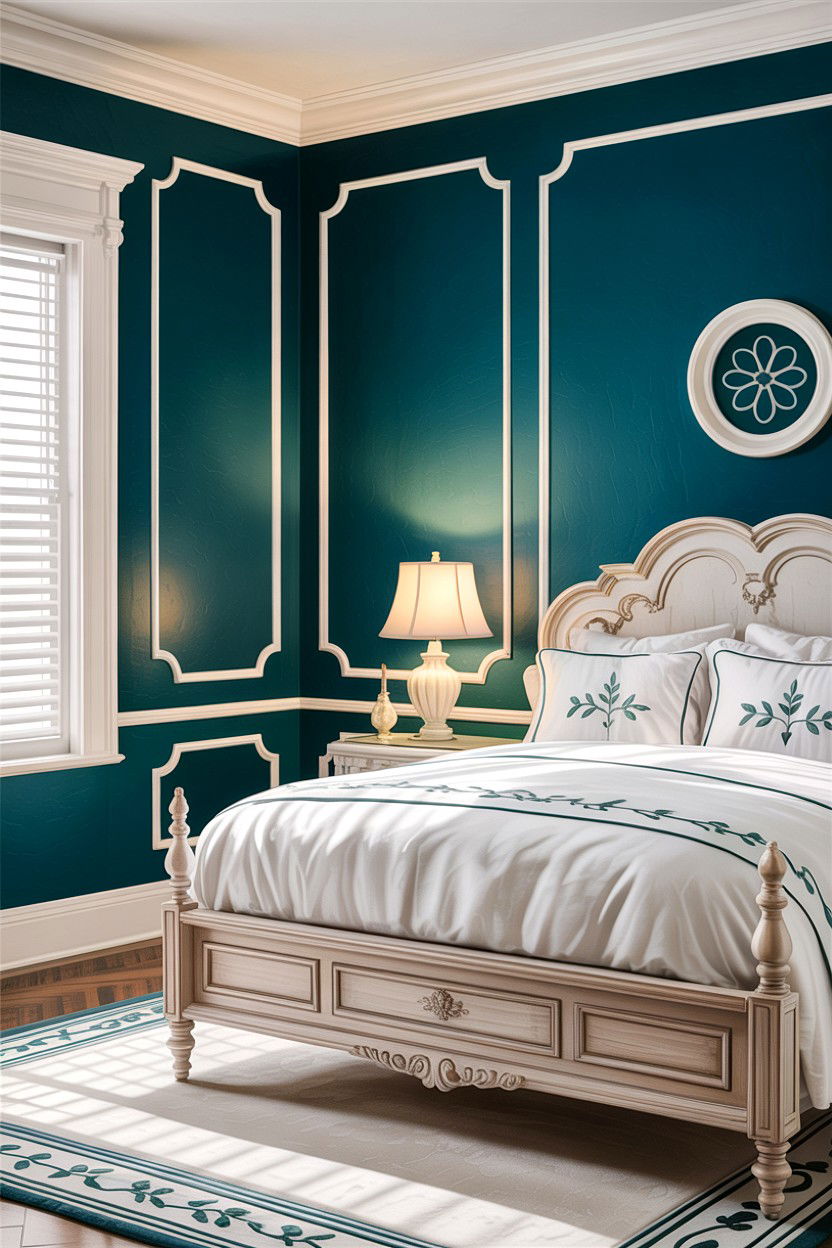 Deep Teal Wall With White Trim - 30 traditional teal bedroom ideas