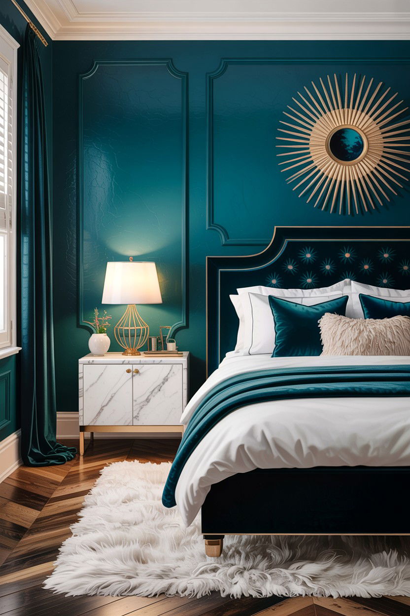 Deep peacock teal and white - 30 teal and white bedroom ideas