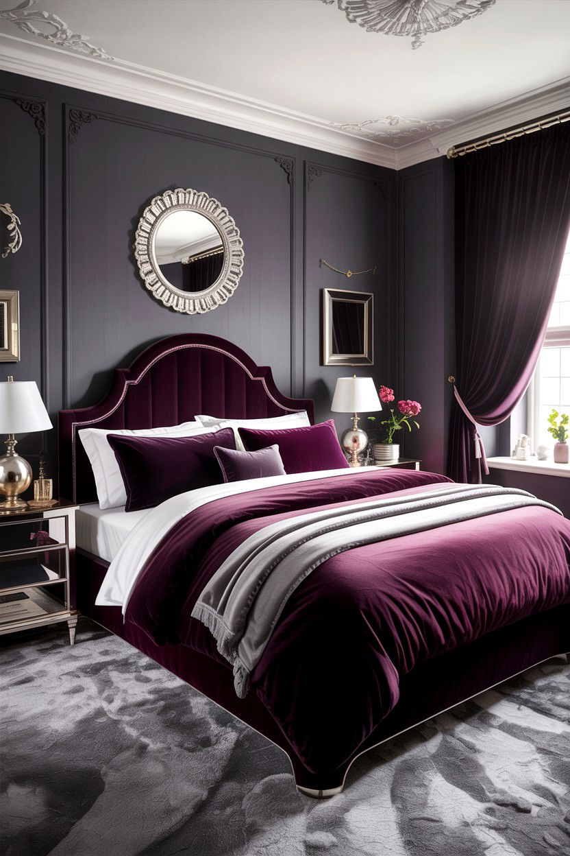 Deep plum and grey bedroom - 30 bedroom color schemes