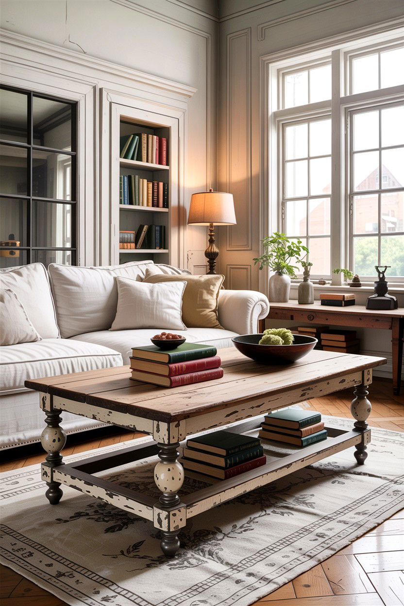 Distressed Coffee Table - 30 rustic white living room ideas