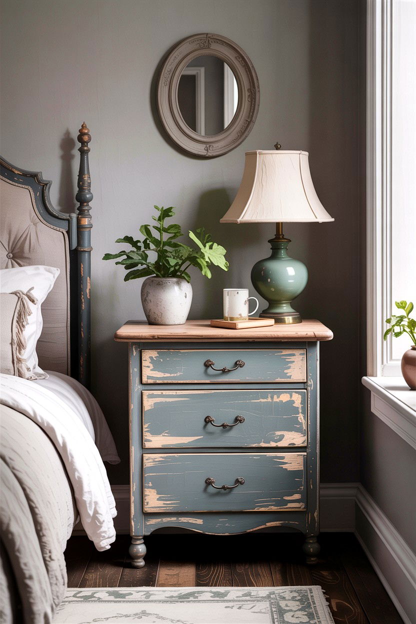Distressed Grey Nightstand - 30 rustic grey bedroom ideas