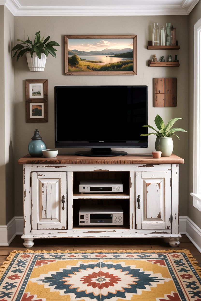 Distressed Media Console - 30 living room farmhouse furniture ideas
