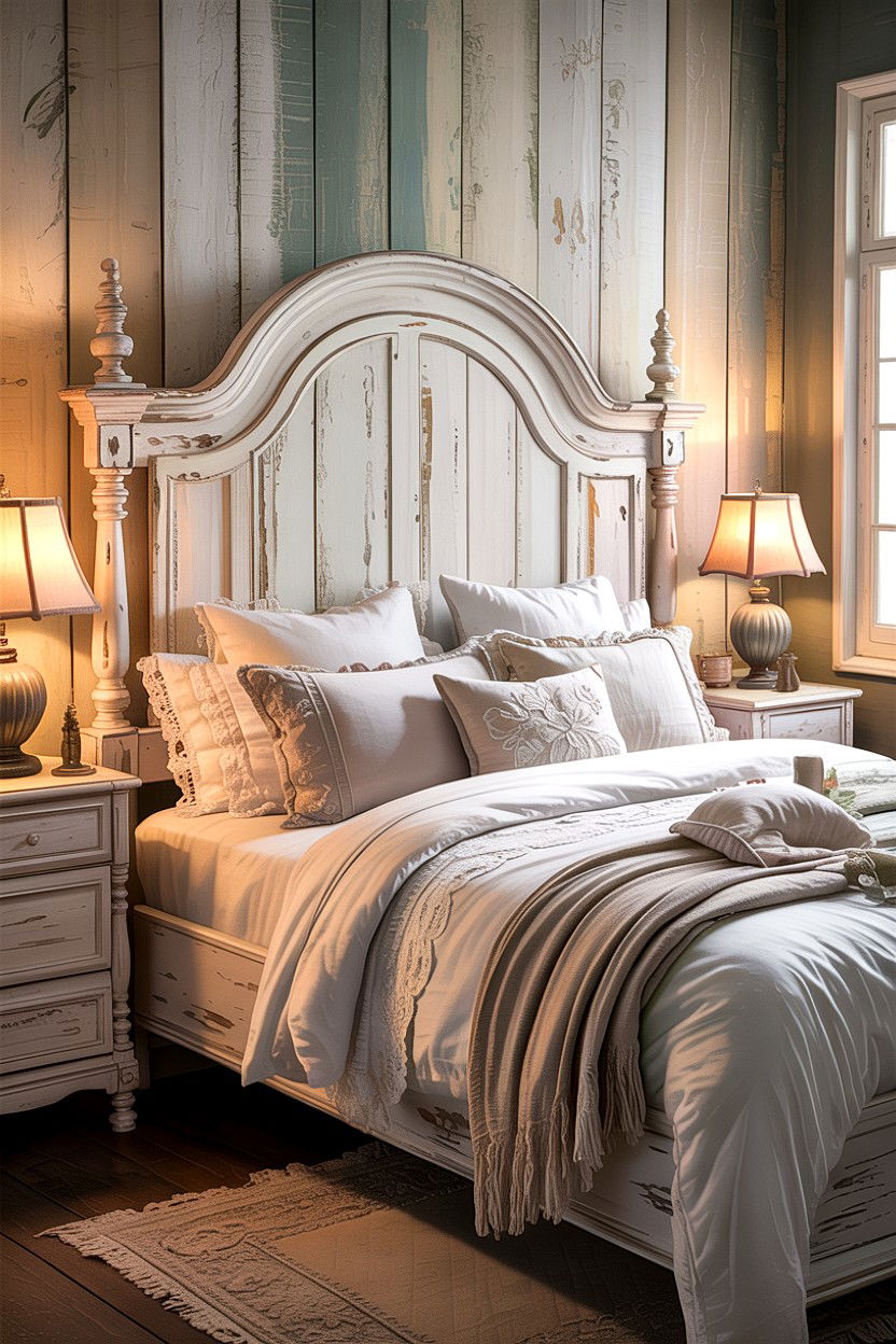 Distressed White Wood Headboard - 30 bedroom wooden headboards