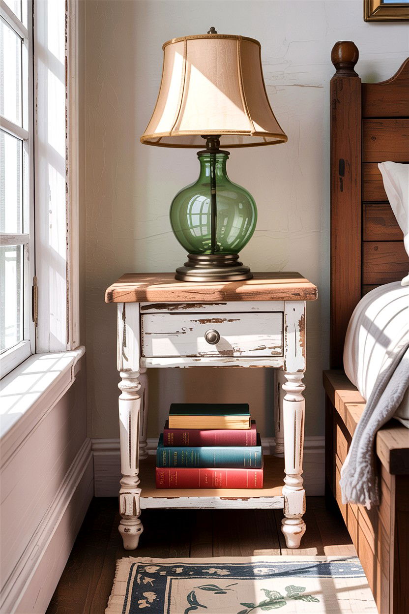 Distressed Wood Nightstand Table - 30 cottage core bedroom ideas