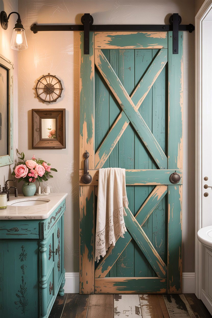 Distressed barn door - 30 bathroom barn door ideas