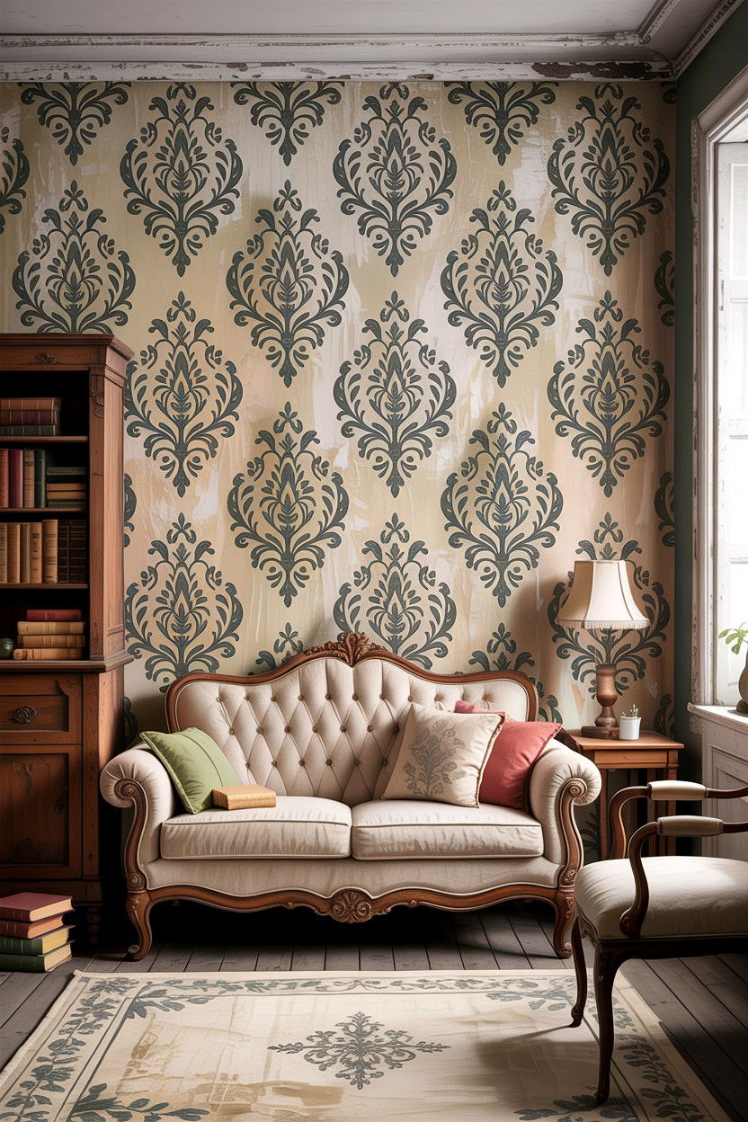 Distressed vintage damask wallpaper - 30 living room damask wallpapers