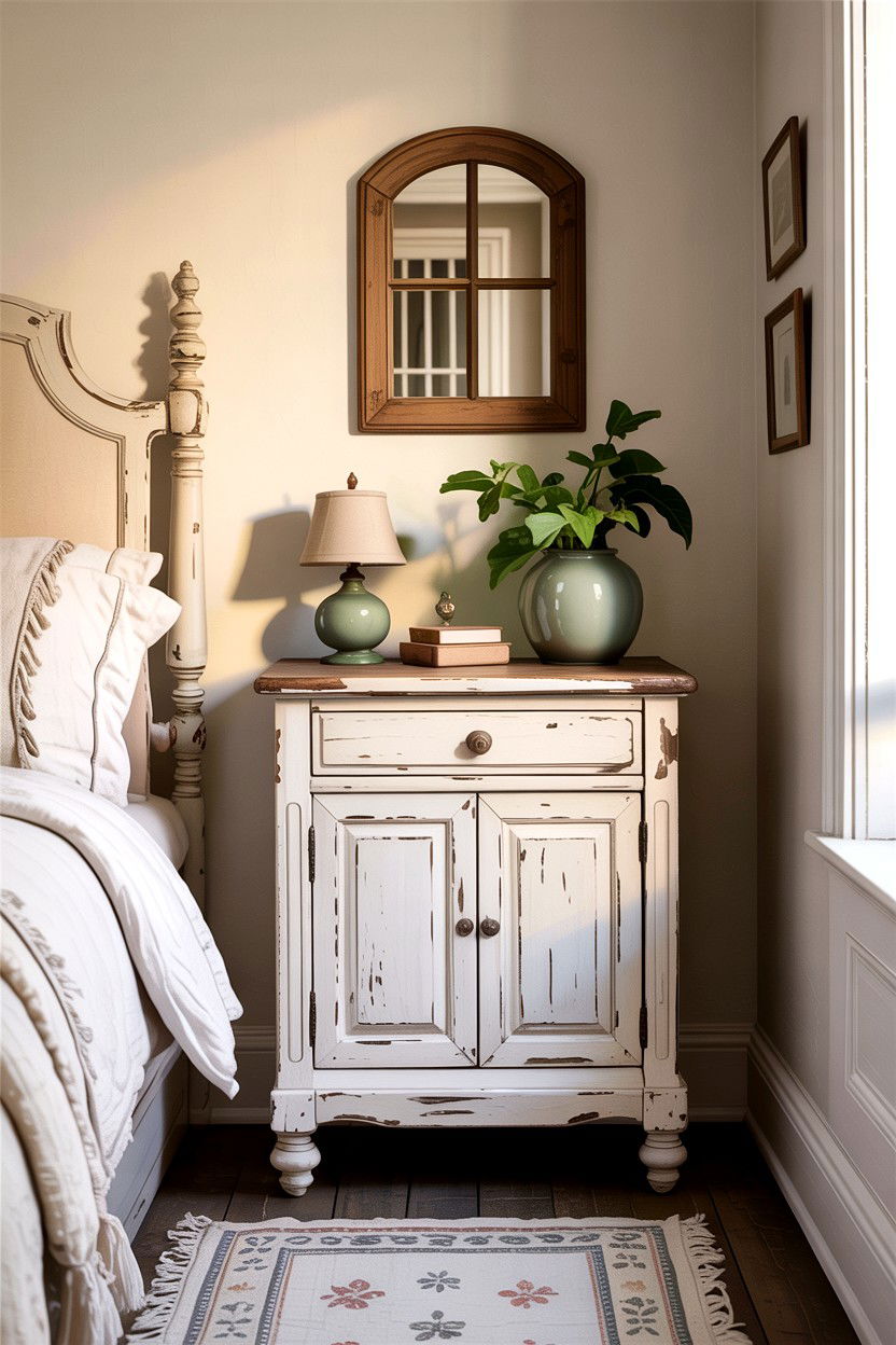 Distressed white nightstand - 30 rustic cream bedroom ideas