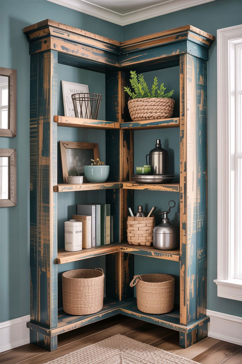 Distressed wood corner shelf - 30 living room corner shelf ideas
