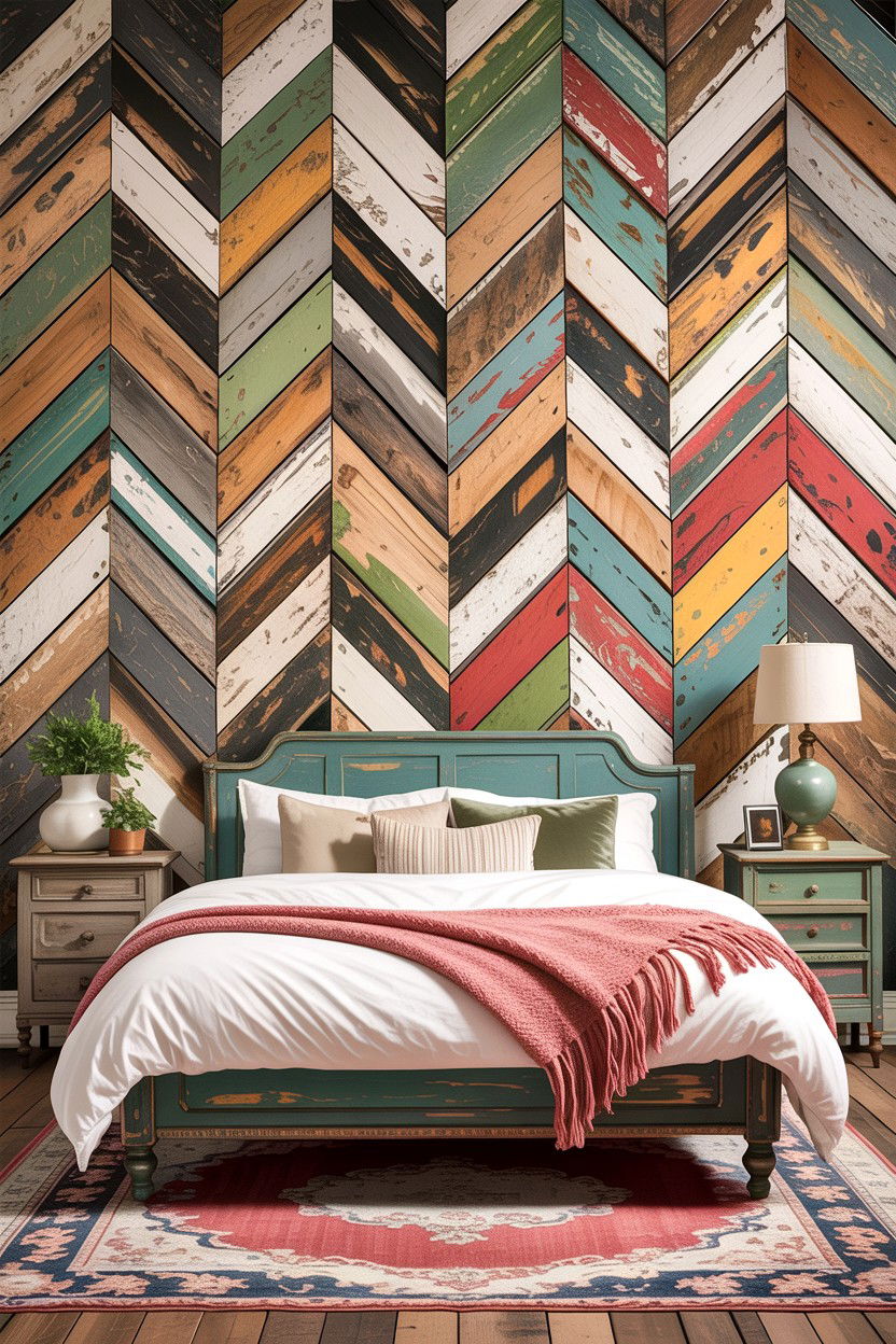 Distressed wood herringbone wall - 30 bedroom herringbone wall ideas