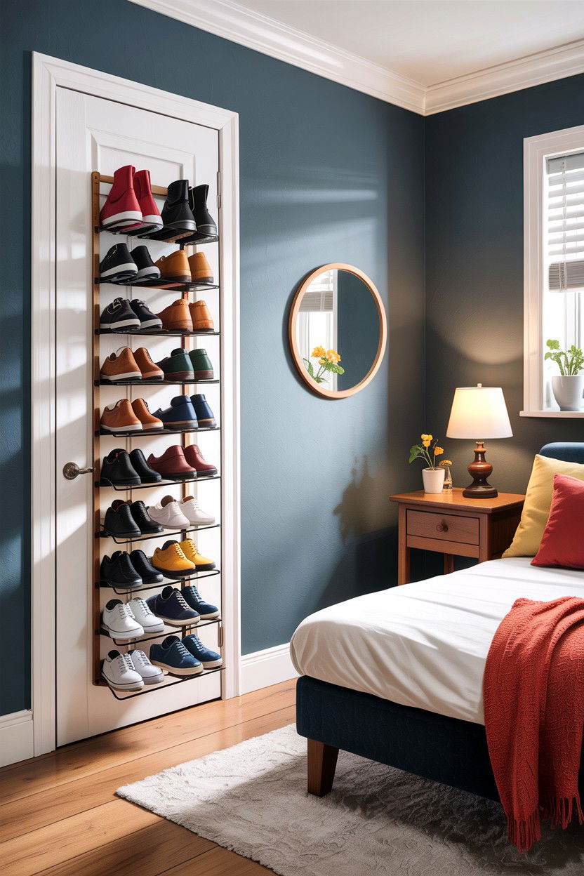 Door Mounted Shoe Rack - 30 small bedroom space storage ideas