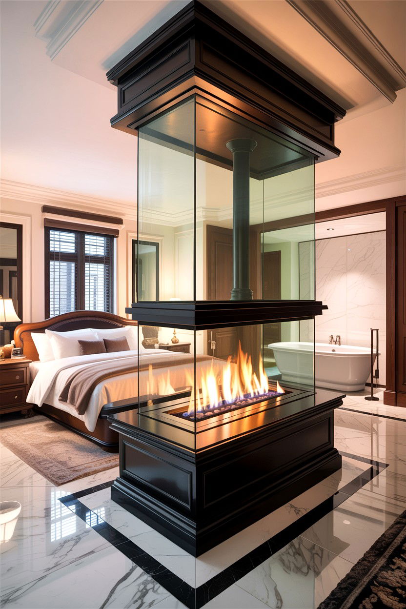 Double Sided Fireplace - 30 bedroom with fireplace ideas