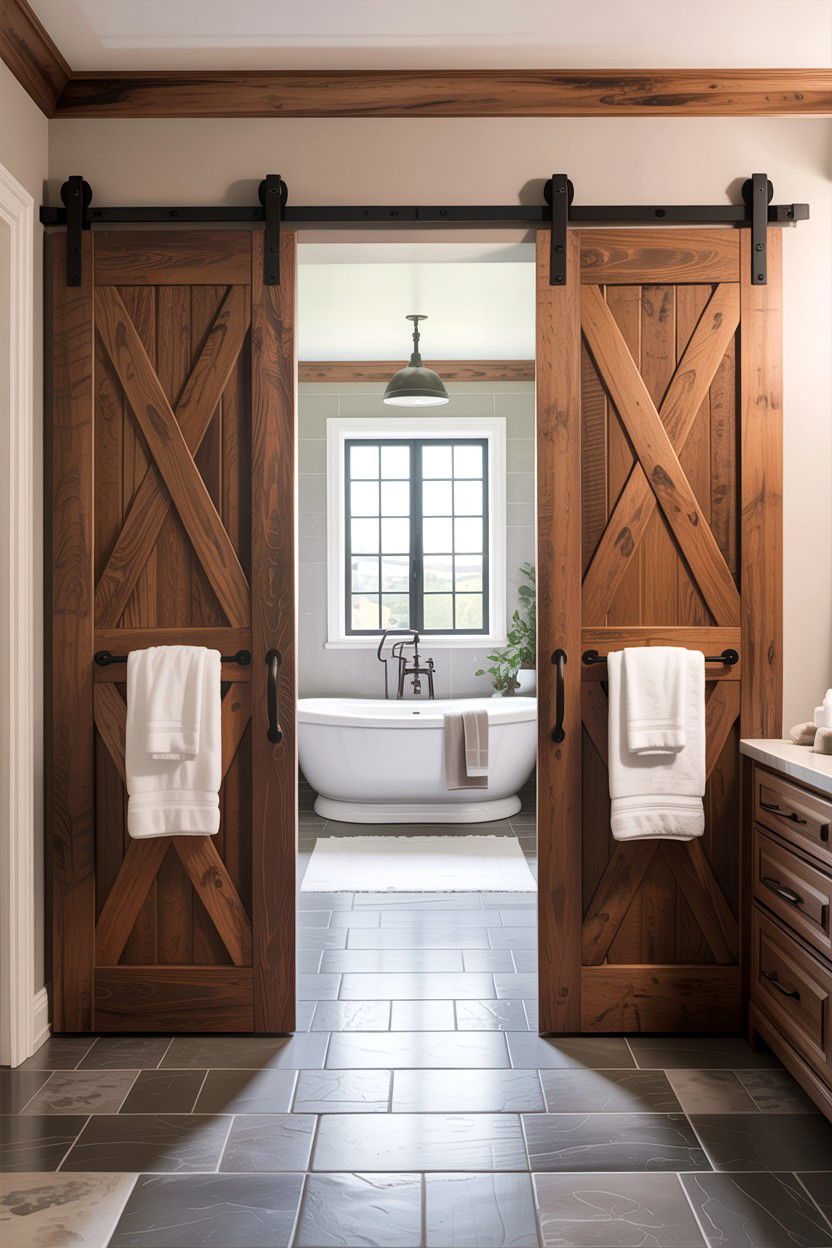 Double barn door - 30 bathroom barn door ideas