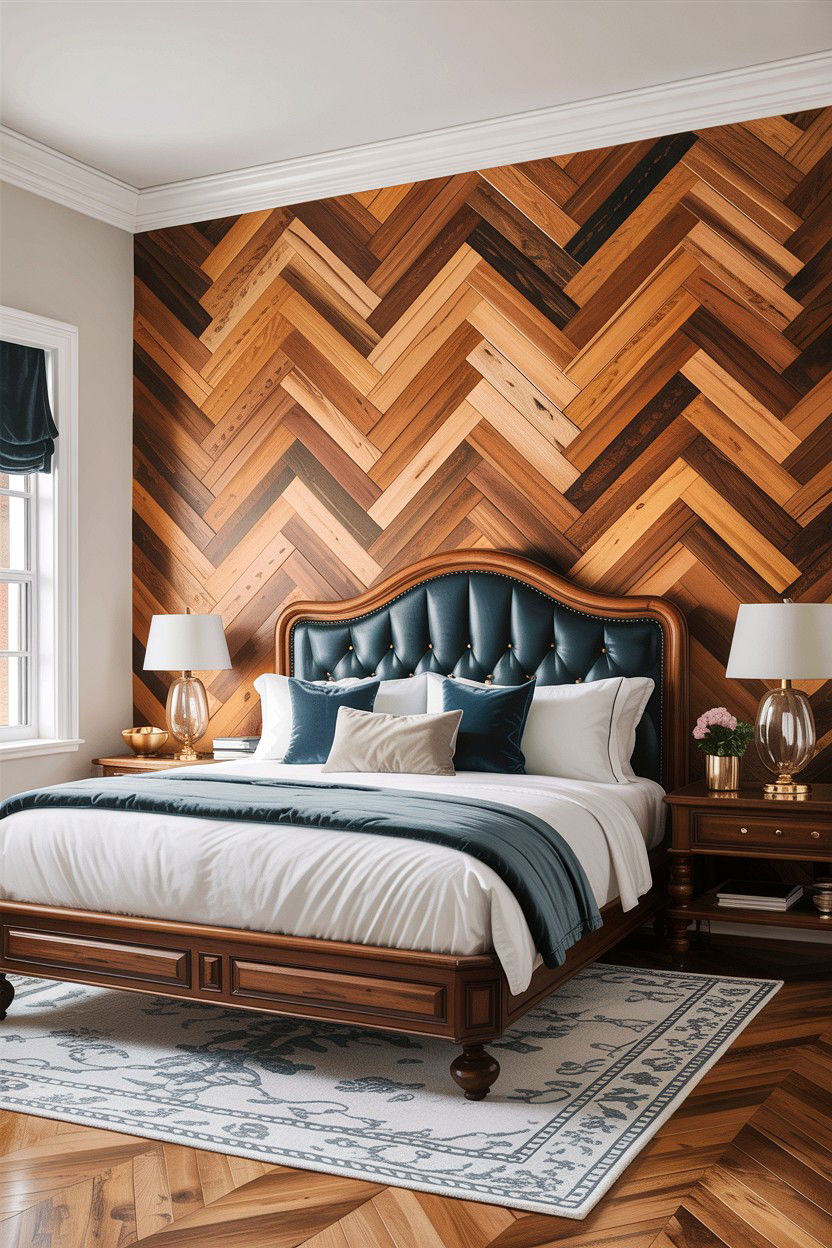 Double herringbone wood wall - 30 bedroom herringbone wall ideas