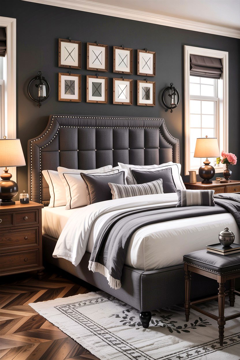 Double row nailhead linen headboard - 30 bedroom linen headboards