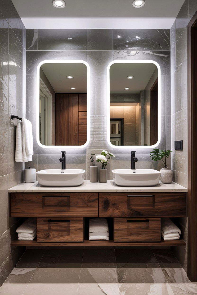 Double vanity backlit mirror - 30 backlit bathroom mirror ideas