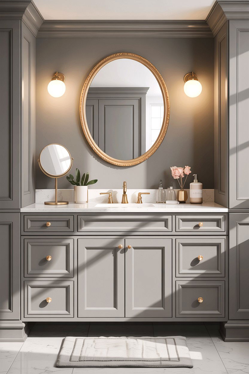 Dove Gray Vanity Gold Knobs - 30 gray and gold bathroom ideas