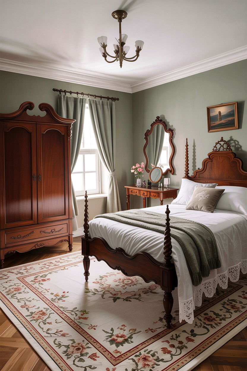Dove grey bedroom with antique furniture - 30 traditional grey bedroom ideas
