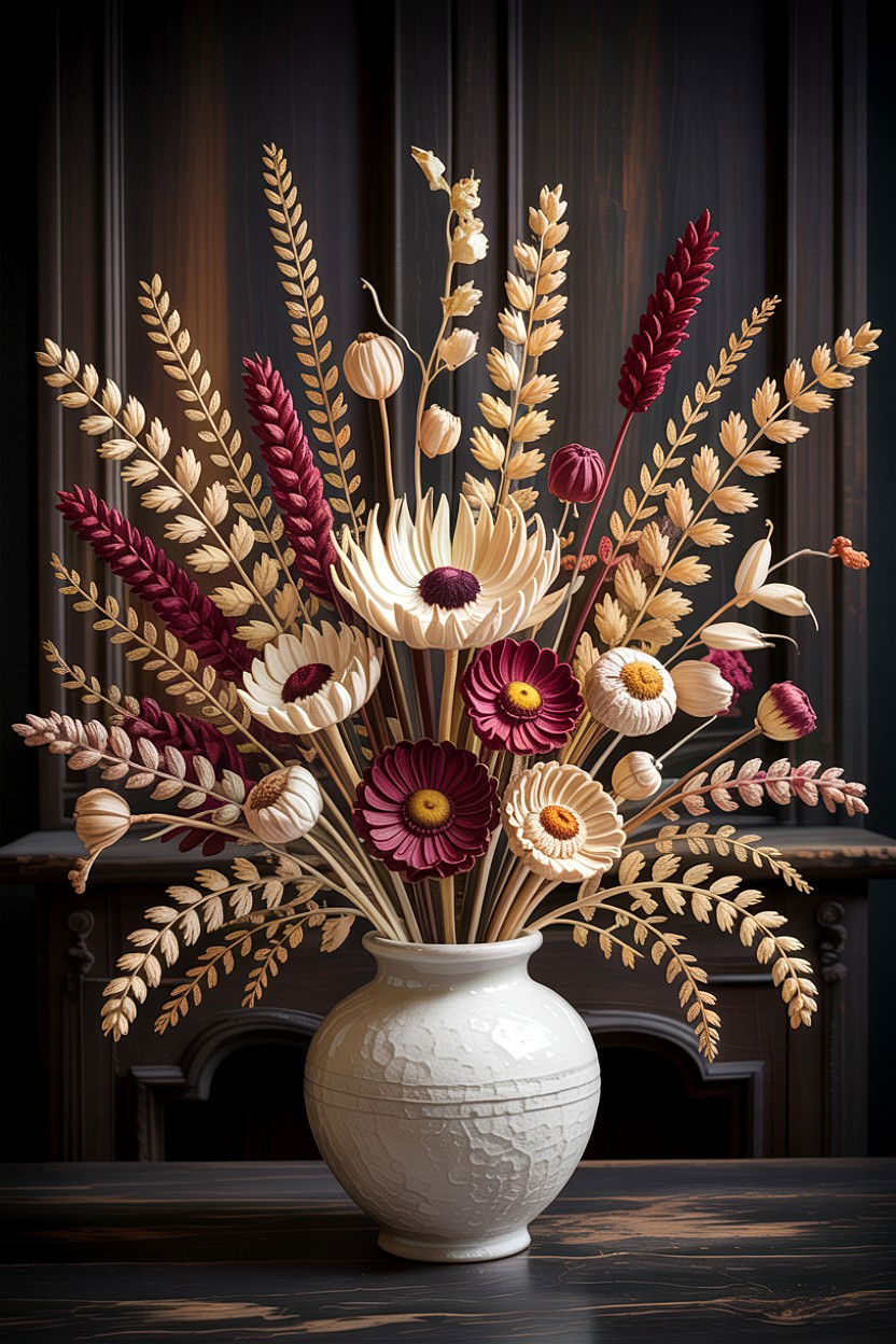 Dried Flower Arrangement - 30 dark academia living room ideas