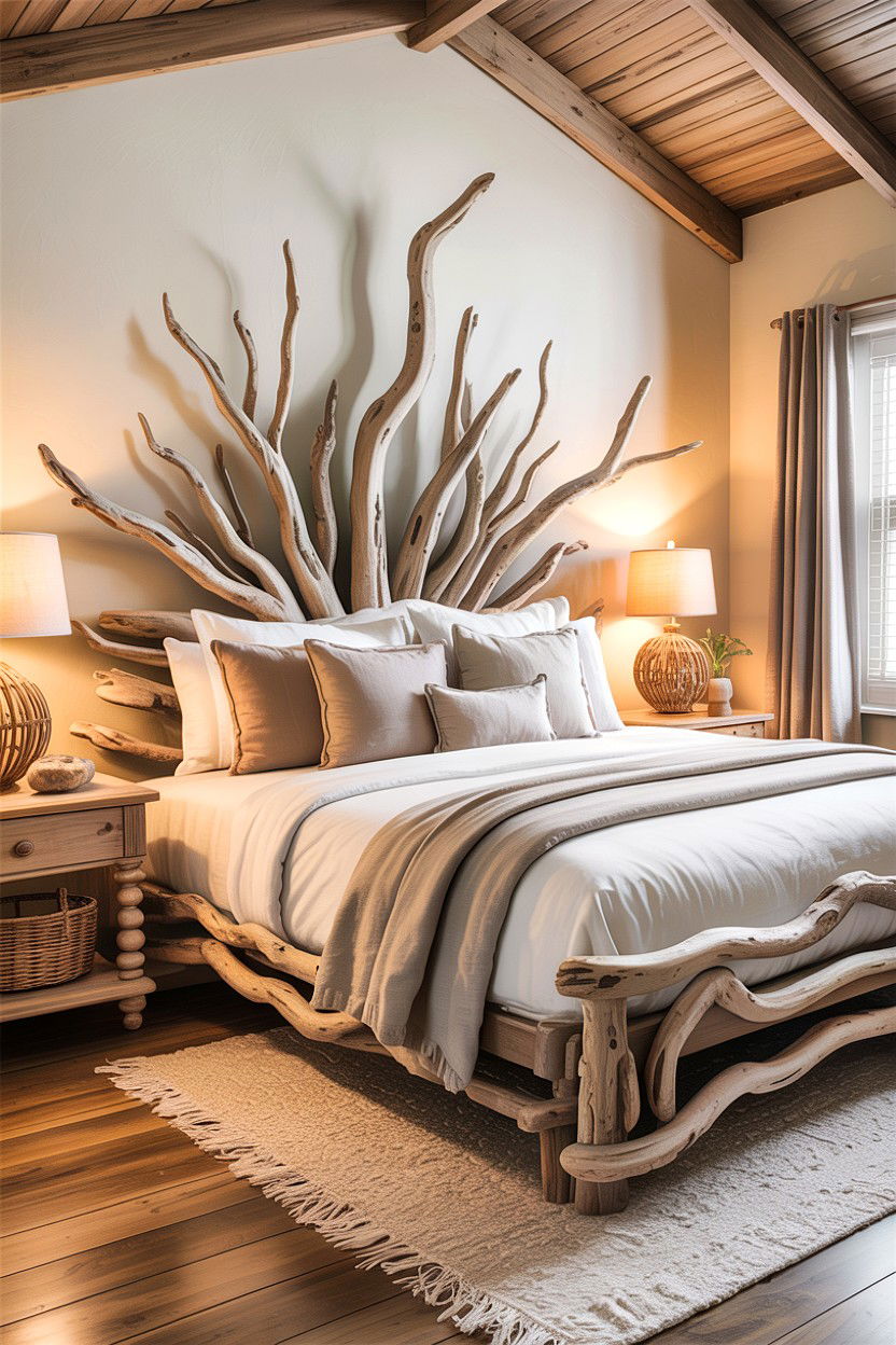 Driftwood Headboard Coastal Bedroom - 30 handcrafted bedroom ideas