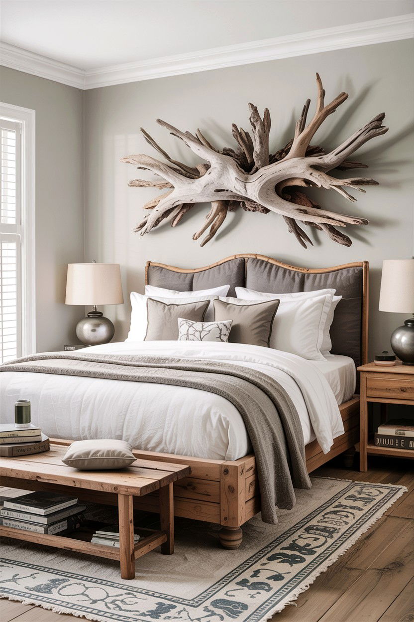Driftwood Wall Art - 30 rustic grey bedroom ideas