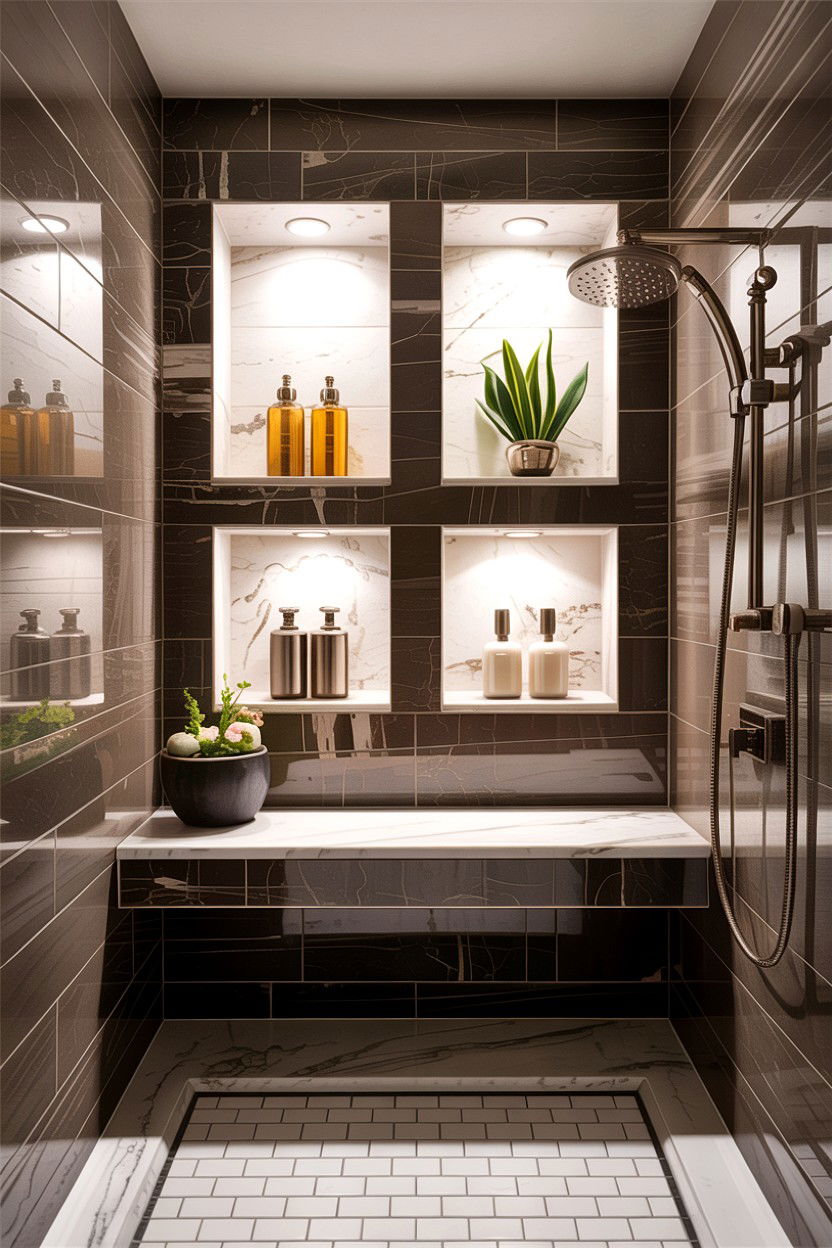 Dual Level Shower Niche - 30 lighted niche bathroom ideas