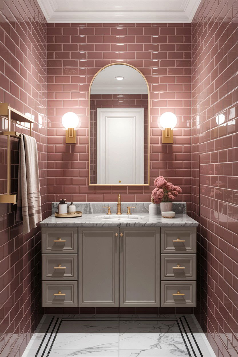Dusty rose subway tile bathroom - 30 colored subway tile bathroom ideas