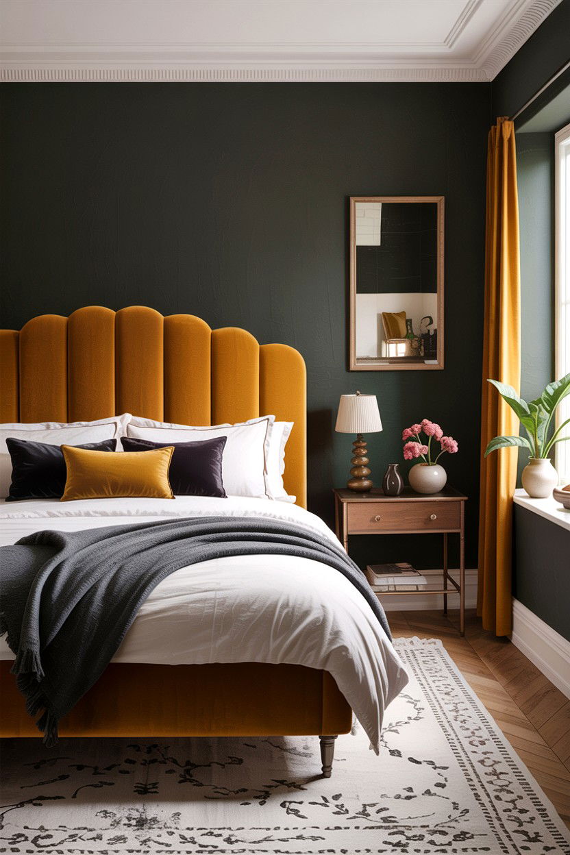 Earthy ochre and charcoal bedroom - 30 colorful bedroom ideas