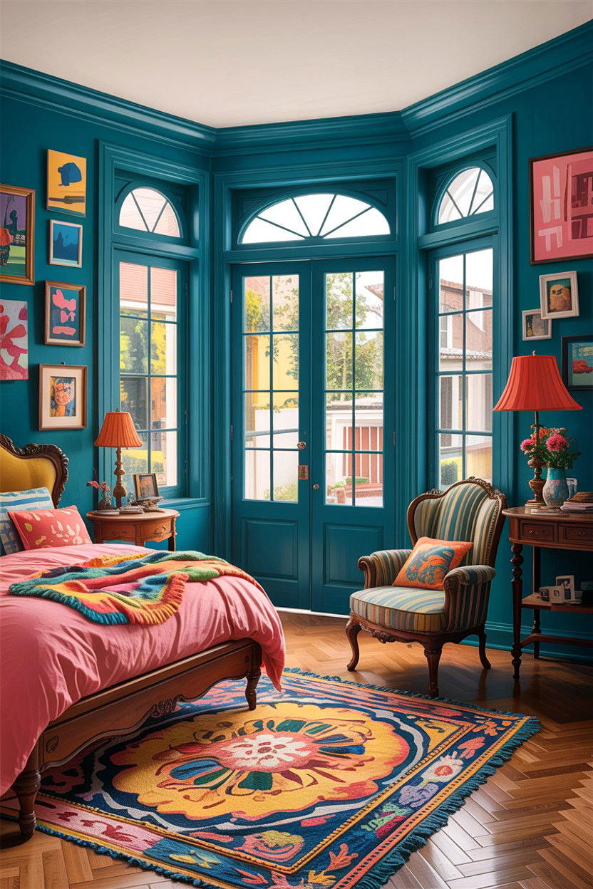 Eclectic bedroom with colorful patio doors - 30 bedroom with patio doors
