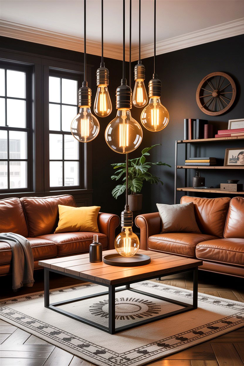 Edison bulb lighting living room - 30 industrial living room ideas