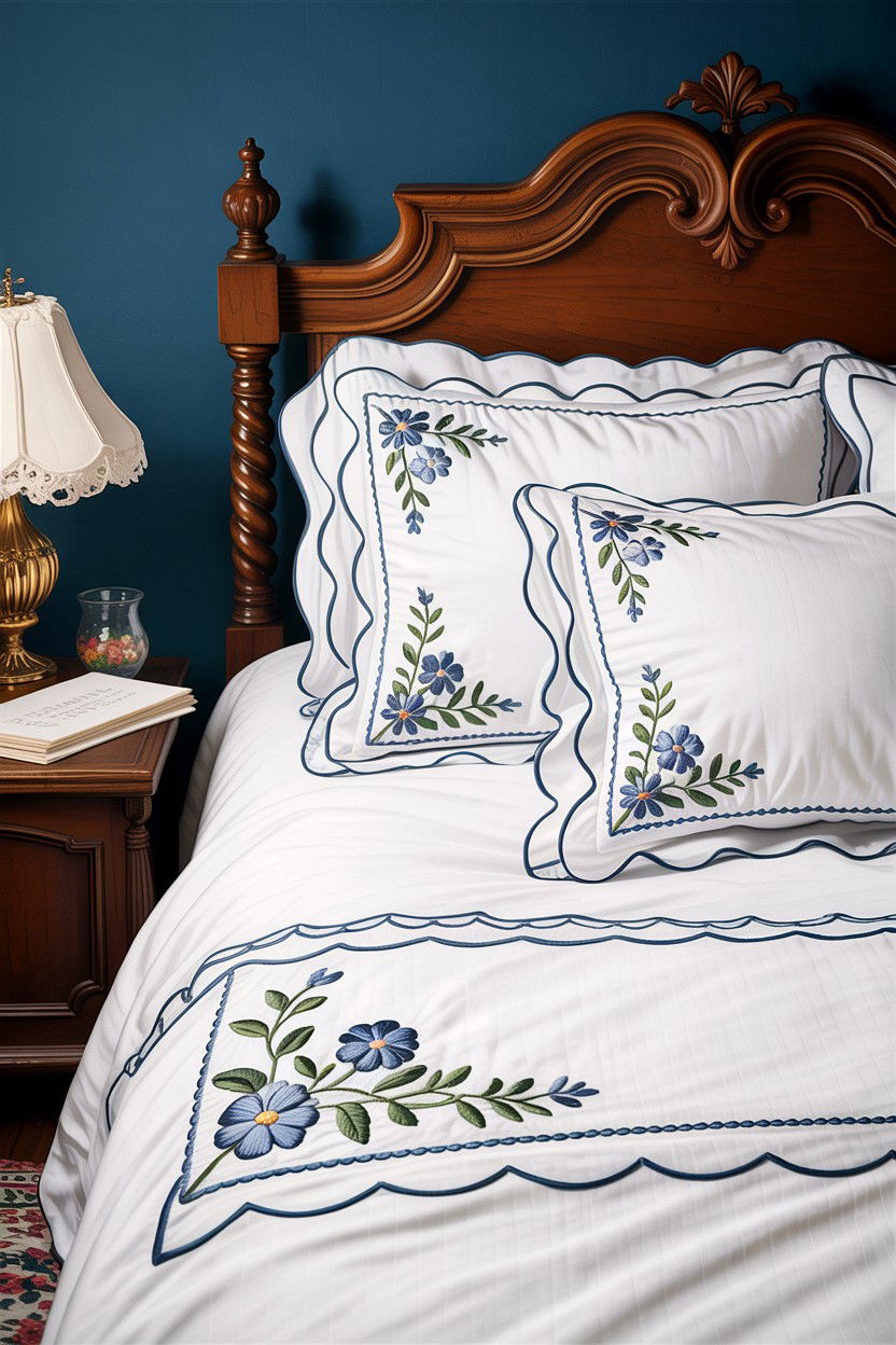 Embroidered Bed Linens - 30 grandmillennial bedroom ideas