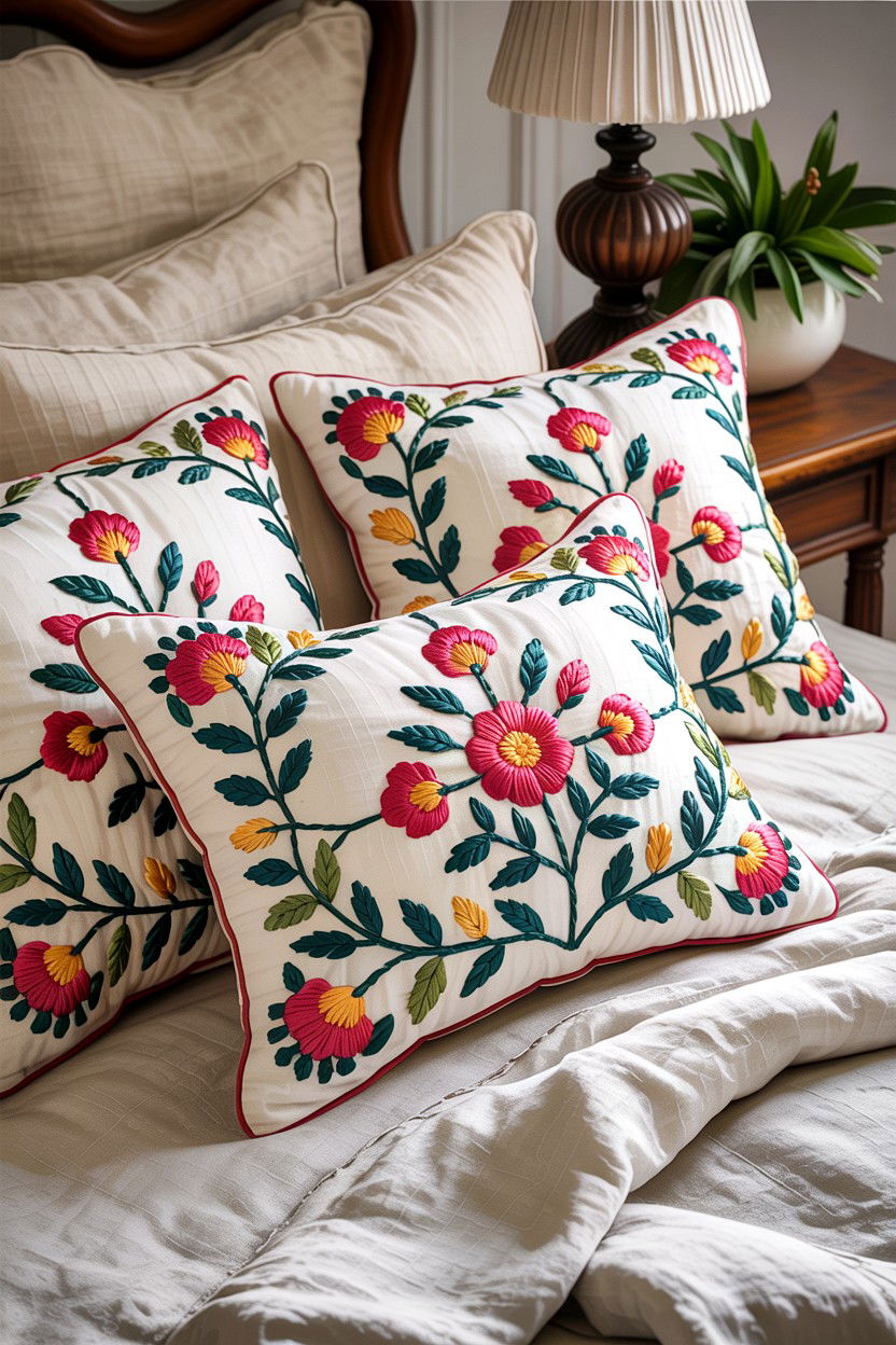 Embroidered Decorative Pillows - 30 cottage core bedroom ideas