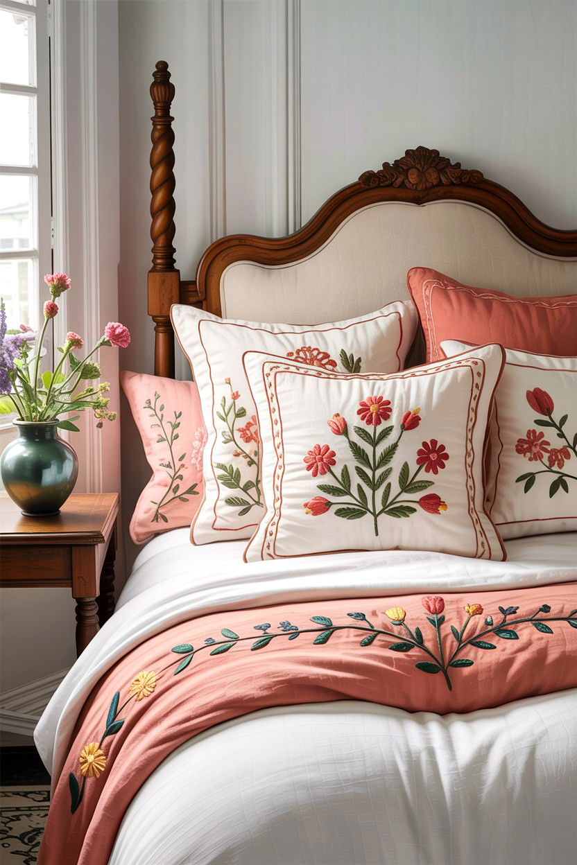 Embroidered Throw Pillows - 30 French country bedroom ideas