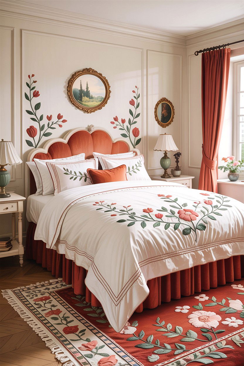 Embroidered bedding - 30 cozy texture bedroom ideas