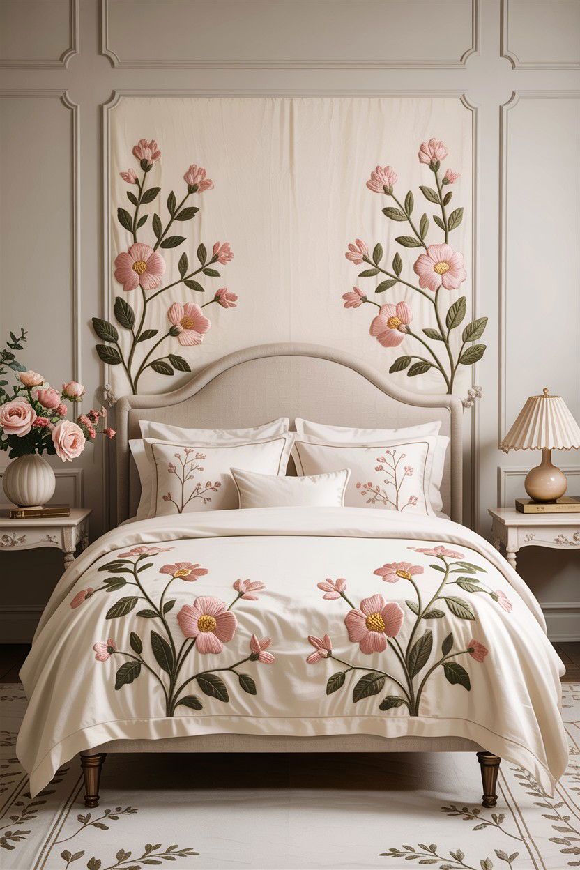Embroidered floral bedding - 30 bedroom floral bedding ideas