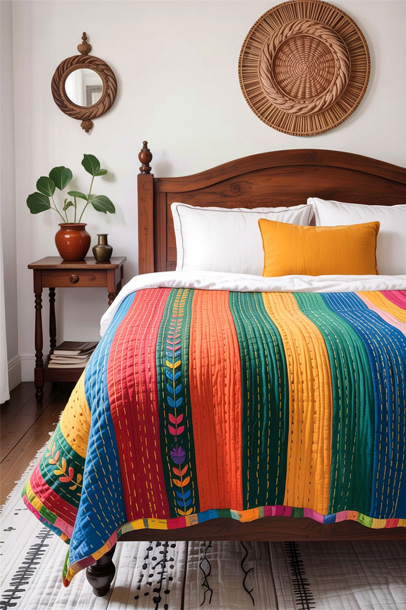 Embroidered kantha quilt - 30 Indian bedroom ideas