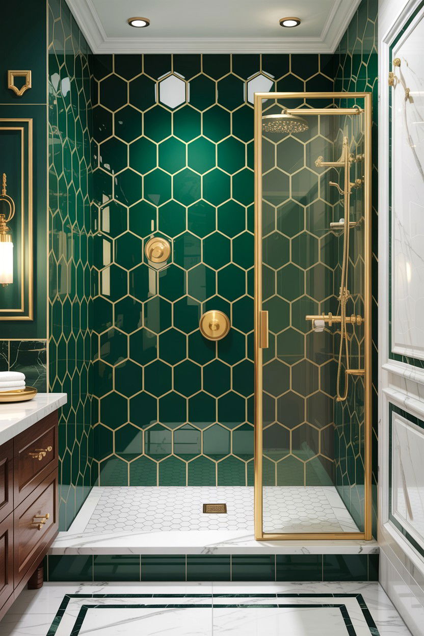 Emerald Green Hexagon Tile Shower - 30 hexagon tile bathroom ideas