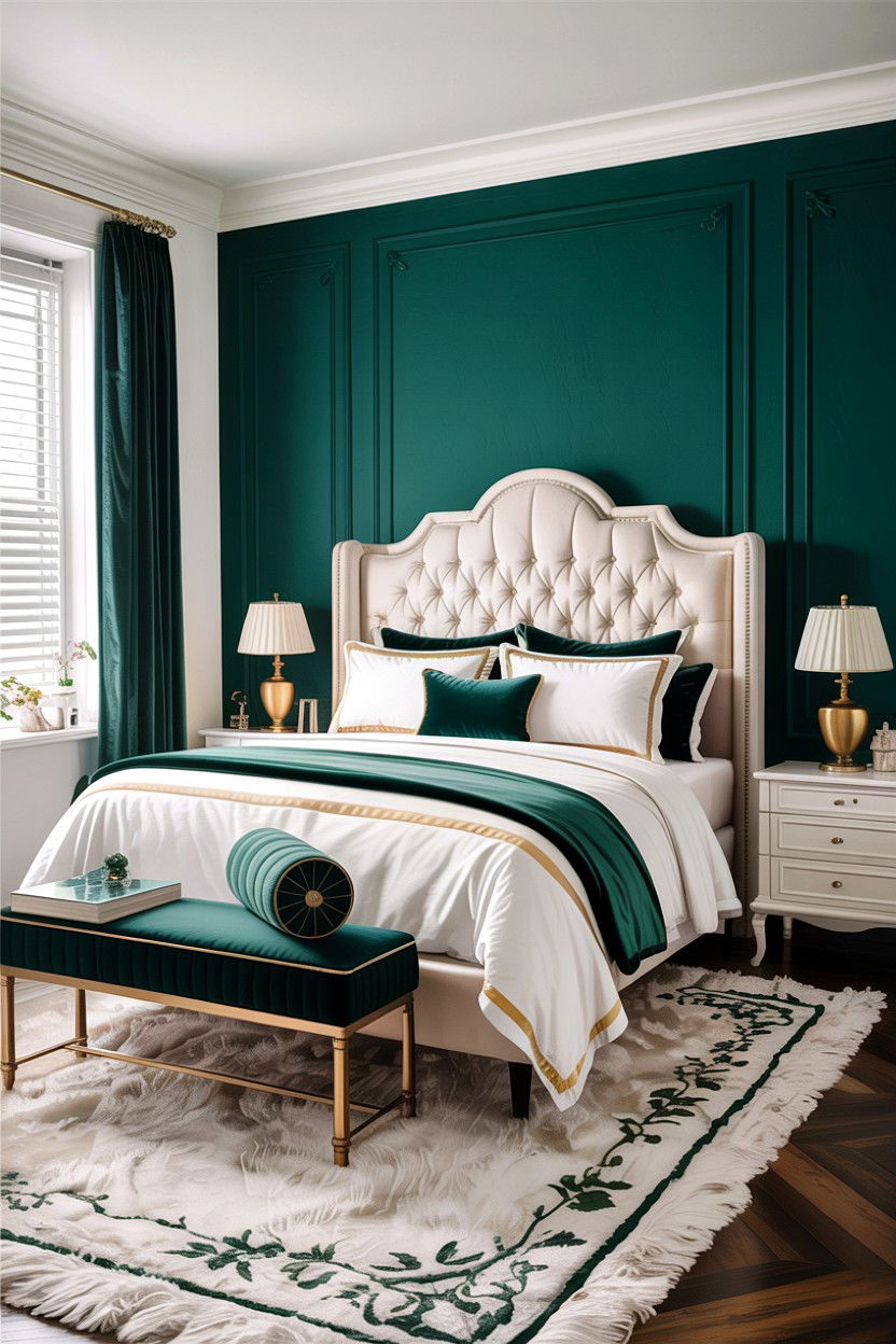 Emerald green accent wall bedroom - 30 green and white bedroom ideas