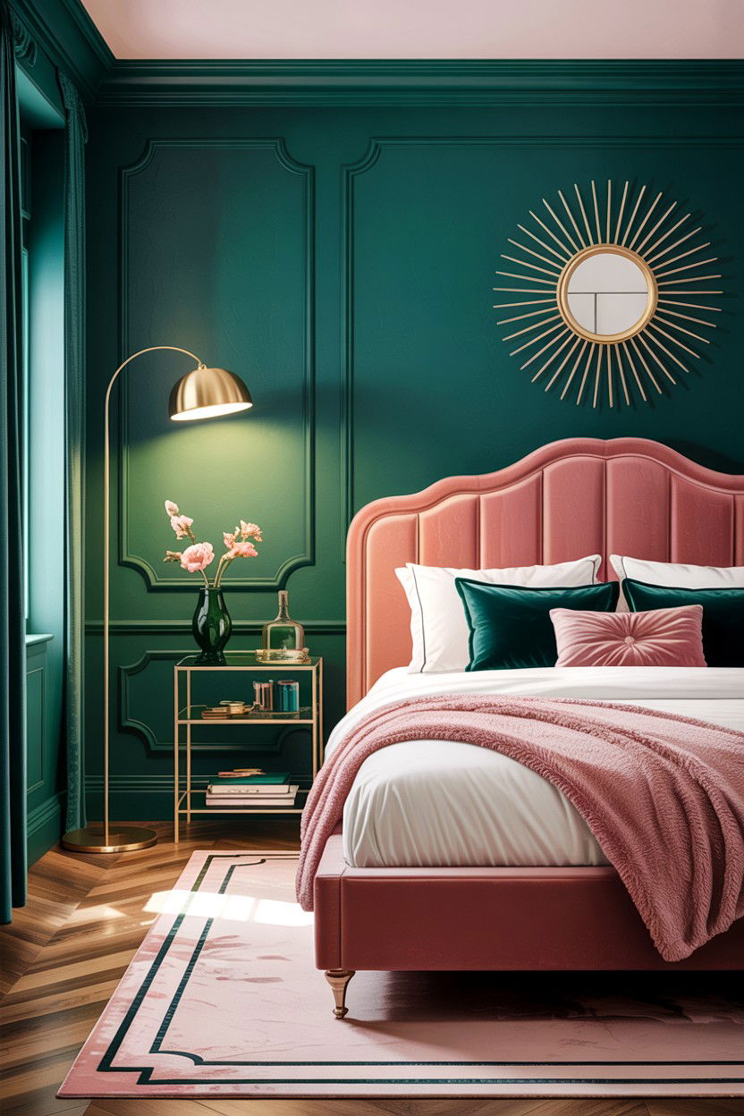 Emerald green and blush bedroom - 30 colorful bedroom ideas