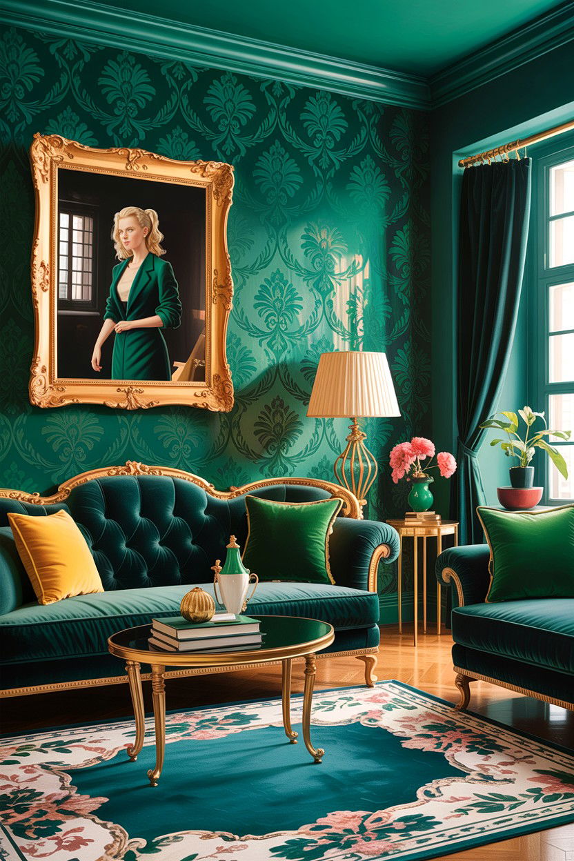 Emerald green damask wallpaper - 30 living room damask wallpapers
