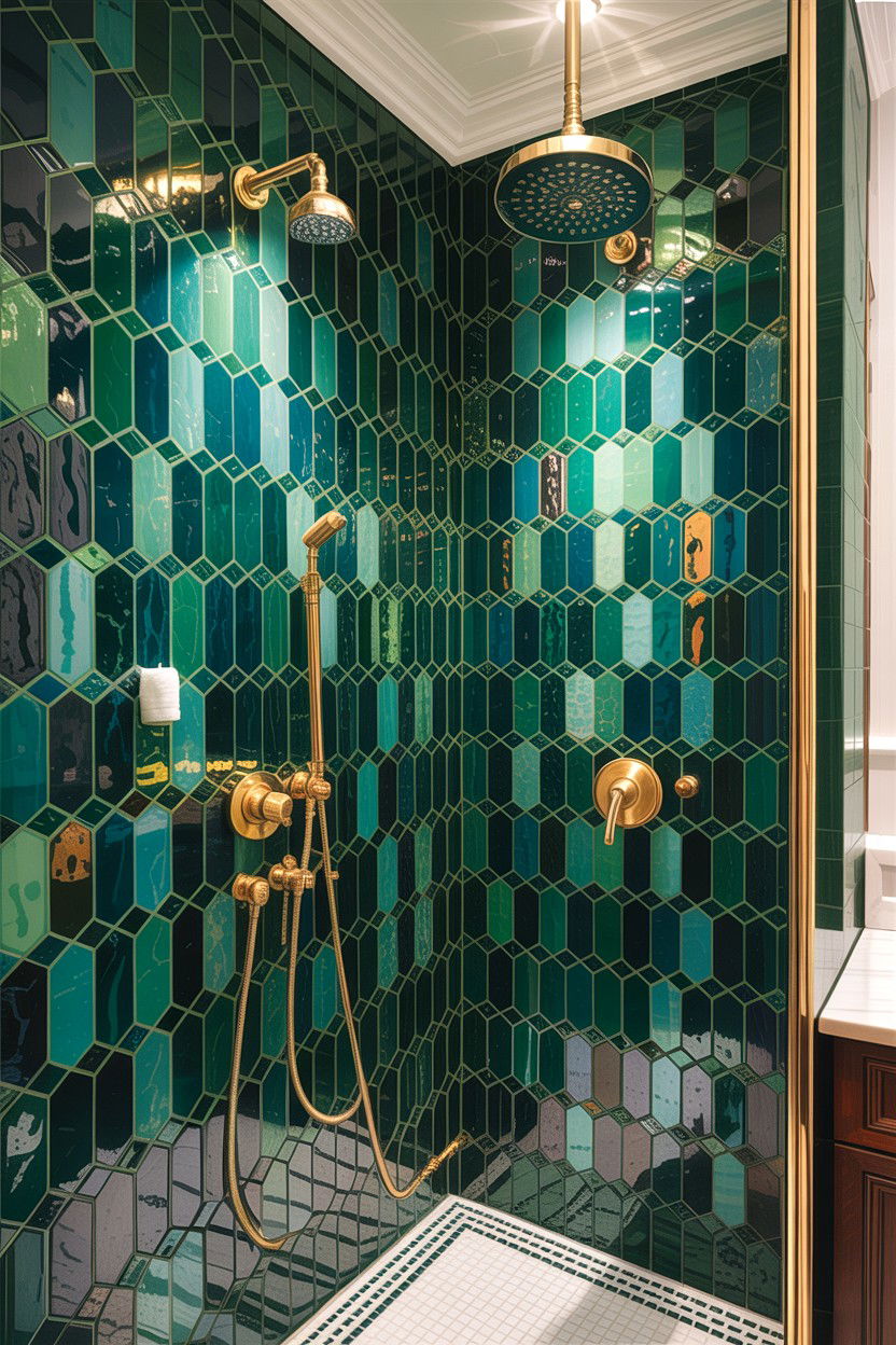 Emerald green glass mosaic shower wall - 30 glass mosaic bathroom ideas