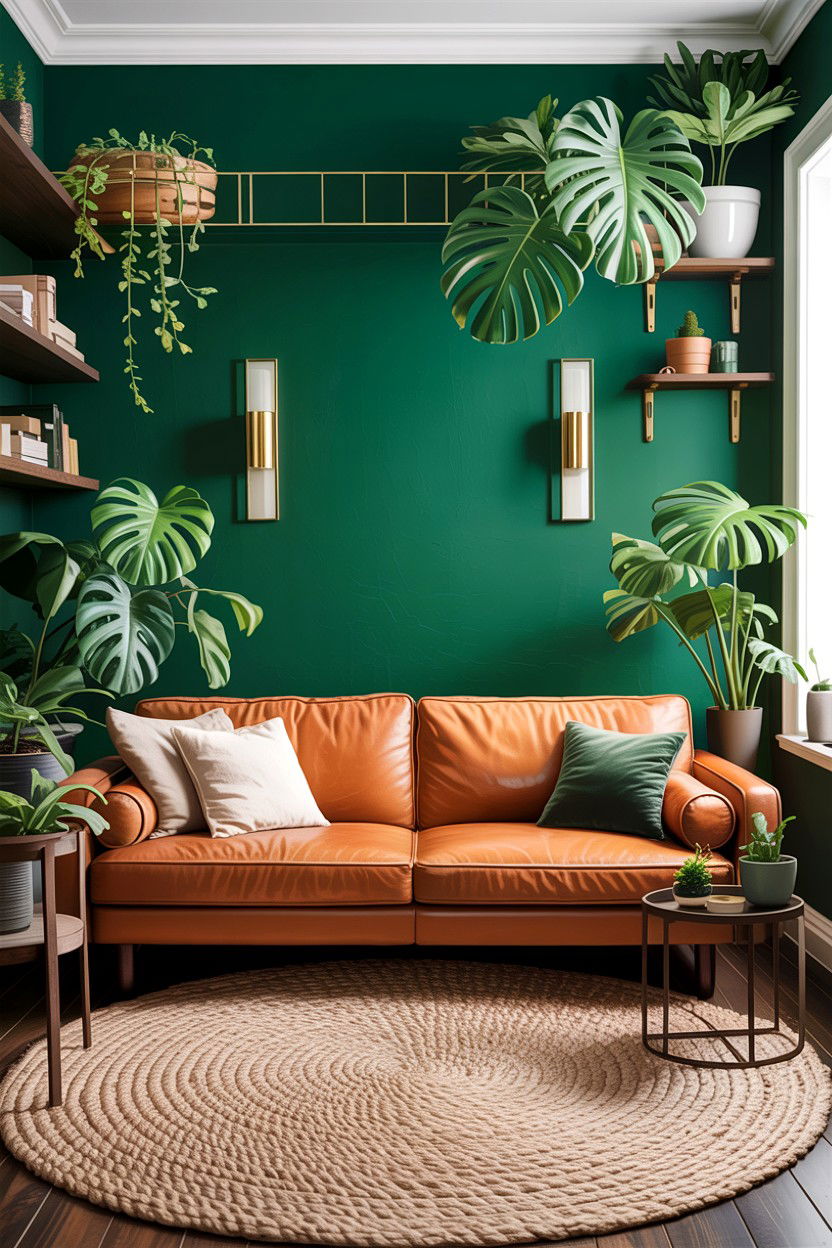 Emerald green living room wall - 30 jungle living room ideas