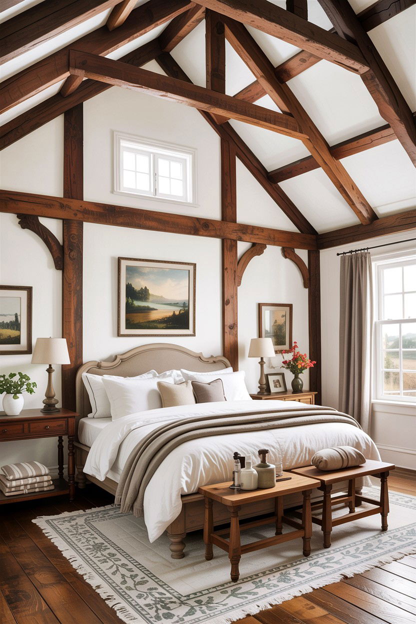 Exposed Wood Beams - 30 farmhouse bedroom ideas