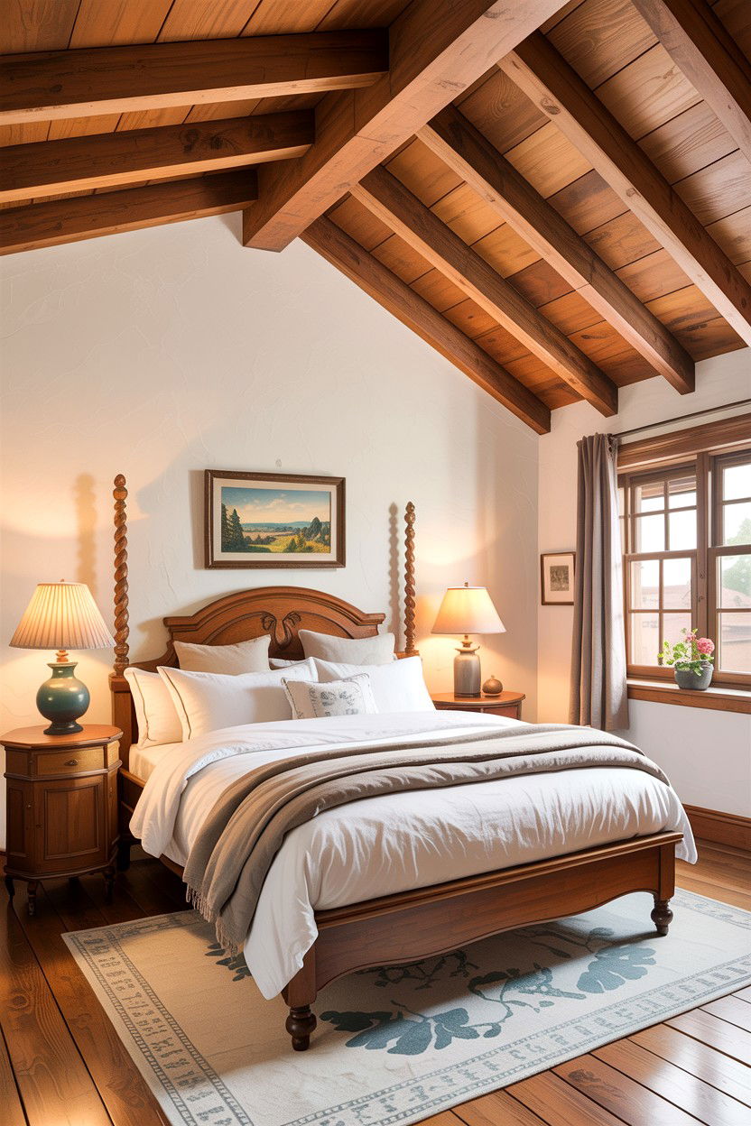Exposed Wood Ceiling Beams - 30 cottage core bedroom ideas