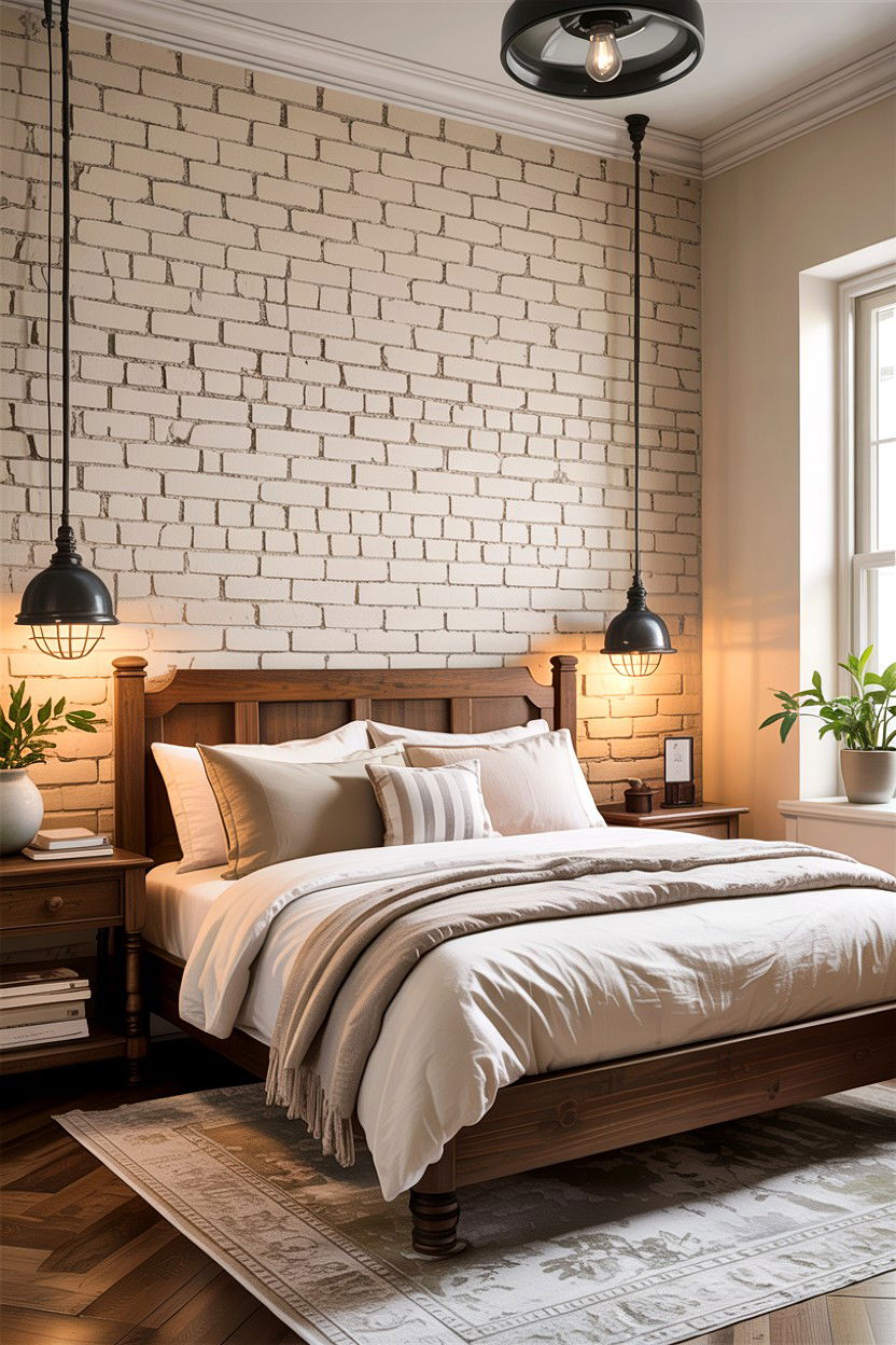 Exposed brick painted cream - 30 rustic cream bedroom ideas